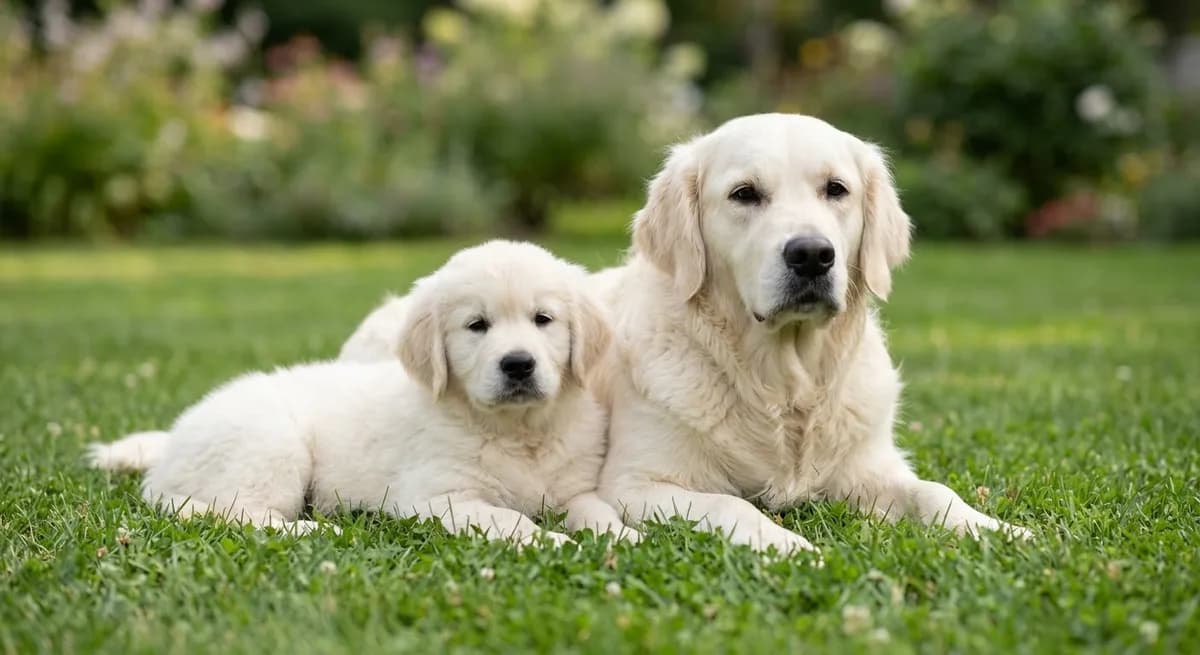 English Cream Golden Retriever mother with her puppy